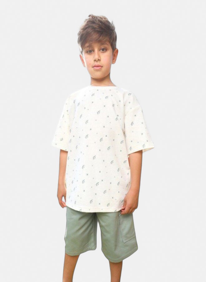 Bongo Boys Cotton T-shirt & Shorts Set White & Mint - Kids Summer Outfit, Comfortable Casual Wear