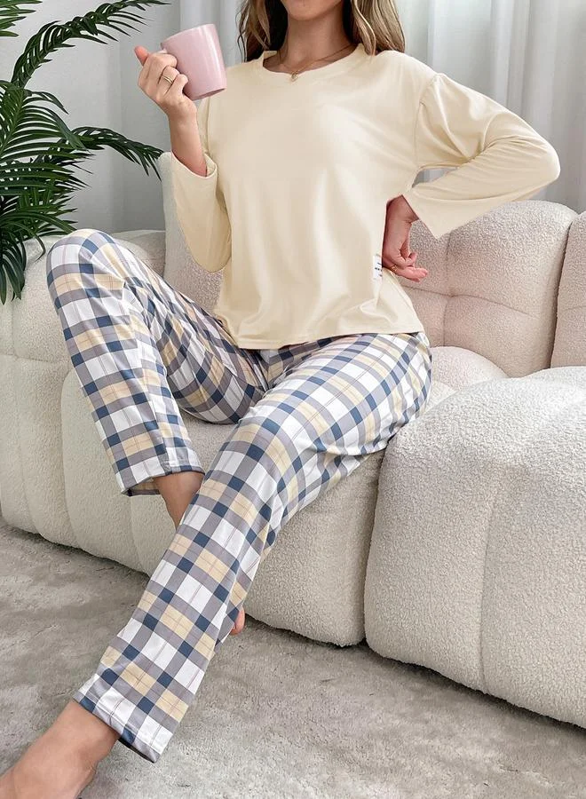Take Two Take Two Cream Solid T-Shirt and Checked Pyjama Set
