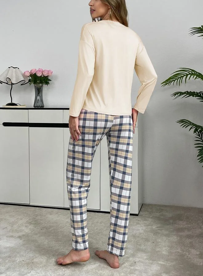 Take Two Take Two Cream Solid T-Shirt and Checked Pyjama Set