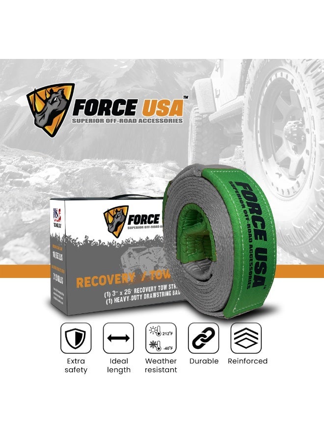 FORCE USA حزام سحب للطرق الوعرة - ملحق قوي لسحب المركبات لـ 4x4، SUV، شاحنة، رمل، طين وثلج، مدمج، محمول، حزام معزز لسحب موثوق (رمادي، 8 متر) - Image 2