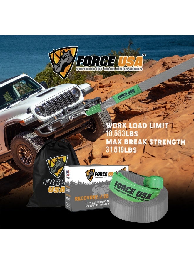 FORCE USA حزام سحب للطرق الوعرة - ملحق قوي لسحب المركبات لـ 4x4، SUV، شاحنة، رمل، طين وثلج، مدمج، محمول، حزام معزز لسحب موثوق (رمادي، 8 متر) - Image 4
