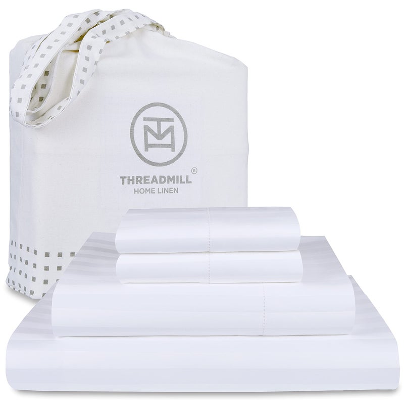 Threadmill Threadmill 500 Thread Count Queen Size Damask Stripe  4 Pc Luxury Cotton Bedding Set  Silky Smooth Hotel White Sheets with 16"" Elasticized Deep Pocket  2 Pillowcases & Free Tote Bag 