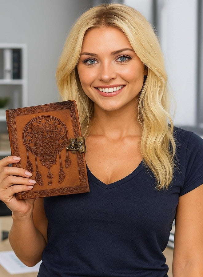 CREATIVE LEATHER ART مفكرة جلدية مقاس 7 × 5 بوصة، 220 صفحة، دفتر فارغ منقوش عليه صورة بومة عتيقة، دفتر رسم، مفكرة جلدية (ورق غير مسطر مصنوع يدويًا) بتصميم جيب مع قفل إغلاق للرجال والنساء (عتيق) - Image 2
