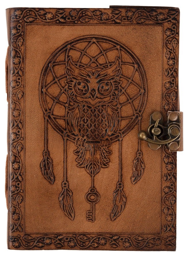 CREATIVE LEATHER ART مفكرة جلدية مقاس 7 × 5 بوصة، 220 صفحة، دفتر فارغ منقوش عليه صورة بومة عتيقة، دفتر رسم، مفكرة جلدية (ورق غير مسطر مصنوع يدويًا) بتصميم جيب مع قفل إغلاق للرجال والنساء (عتيق) - Image 1