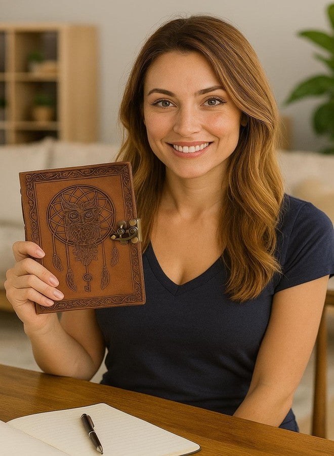 CREATIVE LEATHER ART مفكرة جلدية مقاس 7 × 5 بوصة، 220 صفحة، دفتر فارغ منقوش عليه صورة بومة عتيقة، دفتر رسم، مفكرة جلدية (ورق غير مسطر مصنوع يدويًا) بتصميم جيب مع قفل إغلاق للرجال والنساء (عتيق) - Image 3