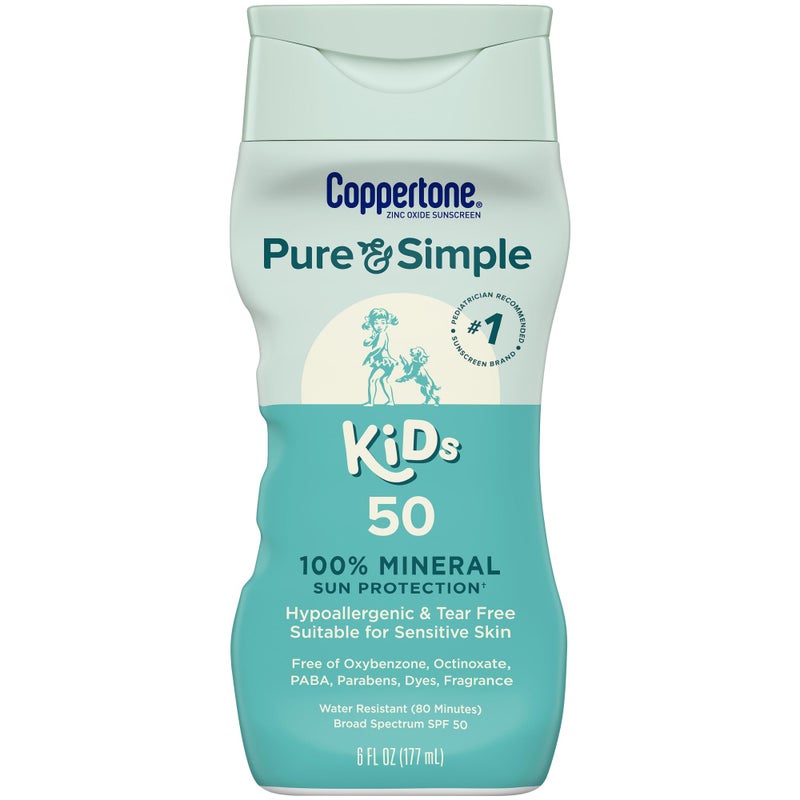 Coppertone Pure and Simple Kids Sunscreen Lotion, SPF 50 Broad Spectrum Sunscreen Lotion for Kids, 6 Fl Oz - Image 1
