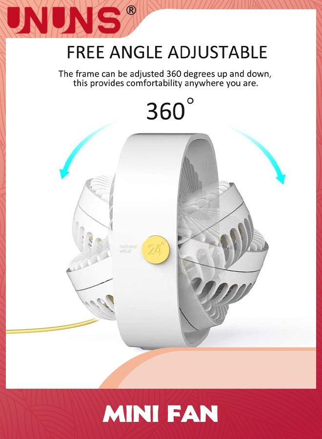 UNUNS مروحة مكتب USB، 3 سرعات هواء قوي مروحة تبريد محمولة، مروحة صغيرة قابلة للدوران 360° للمكتب، مروحة شخصية صغيرة هادئة للغاية للمكتب، المنزل، المكتب، السيارة، السفر الخارجي، أبيض - Image 4