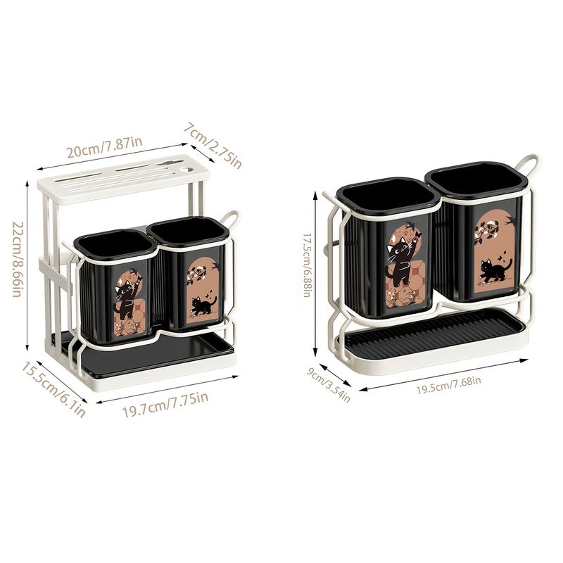 1pc Carbon Steel Kitchen Utensil & Knife Organizer with 2 Utensil Buckets, 2-In-1 Countertop & Wall Mounted Storage Rack, Detachable Drip Tray, Cute Cat Pattern Design, Durable, Ideal for Storing Knives, Chopsticks, Spoons, Forks, Cooking Tools - Image 4
