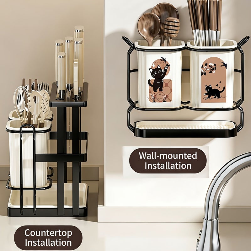1pc Carbon Steel Kitchen Utensil & Knife Organizer with 2 Utensil Buckets, 2-In-1 Countertop & Wall Mounted Storage Rack, Detachable Drip Tray, Cute Cat Pattern Design, Durable, Ideal for Storing Knives, Chopsticks, Spoons, Forks, Cooking Tools - Image 5