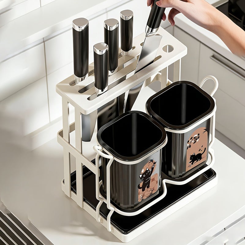 1pc Carbon Steel Kitchen Utensil & Knife Organizer with 2 Utensil Buckets, 2-In-1 Countertop & Wall Mounted Storage Rack, Detachable Drip Tray, Cute Cat Pattern Design, Durable, Ideal for Storing Knives, Chopsticks, Spoons, Forks, Cooking Tools - Image 2