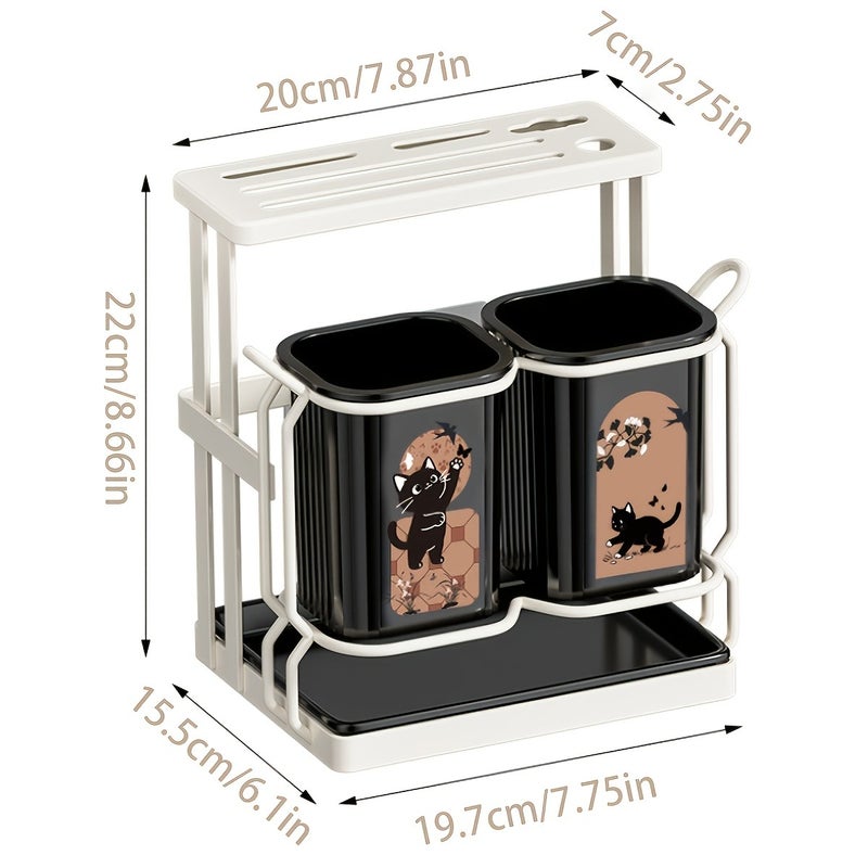 1pc Carbon Steel Kitchen Utensil & Knife Organizer with 2 Utensil Buckets, 2-In-1 Countertop & Wall Mounted Storage Rack, Detachable Drip Tray, Cute Cat Pattern Design, Durable, Ideal for Storing Knives, Chopsticks, Spoons, Forks, Cooking Tools - Image 1