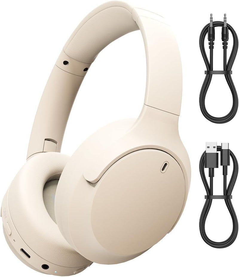 Meyaar D5 Made in India Over Ear Bluetooth Headphones with 70H Playtime, 40mm Bass Drivers, ANC Mic, Type-C Fast Charging, BTv 5.4, AUX Option, IPX5 Headphones Wireless with Mic (Off White) - Image 1
