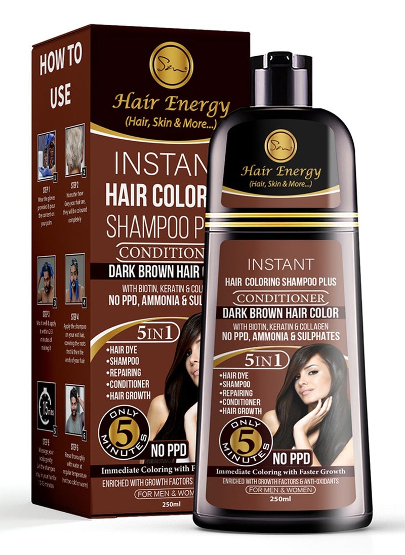 Hair Energy - Hair Energy Instant Hair Coloring Shampoo + Conditioner | 100% Grey Coverage | 5-in-1 Hair Care Solution | Natural & Gentle| With Biotin, Keratin & Collagen | Reduces Frizz | Dark Brown Color | 250 ml - Image 1