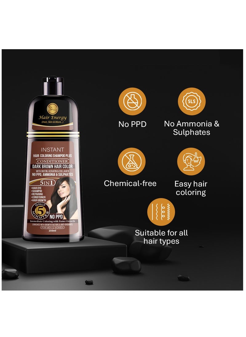 Hair Energy - Hair Energy Instant Hair Coloring Shampoo + Conditioner | 100% Grey Coverage | 5-in-1 Hair Care Solution | Natural & Gentle| With Biotin, Keratin & Collagen | Reduces Frizz | Dark Brown Color | 250 ml - Image 1