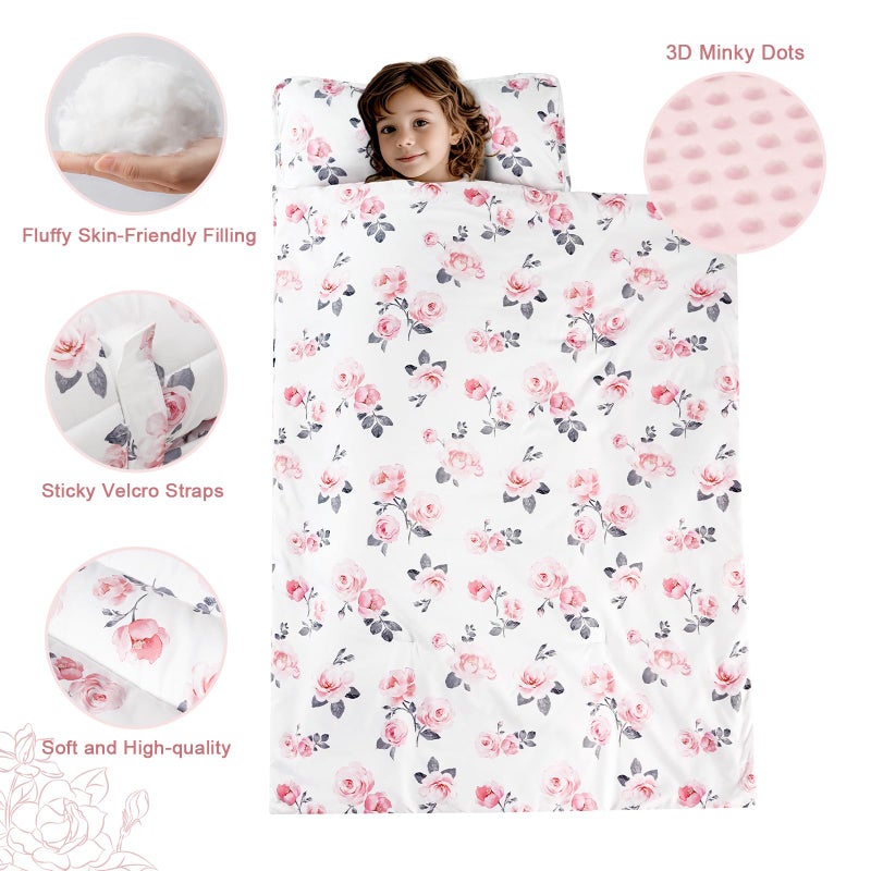 PHF Toddler Nap Mat with Removable Pillow and Minky Fleece Blanket, Rollup Design Warm Slumber Bags for Girls, 52"x20"x2" Kids Sleeping Bag for Daycare Preschool Travel Camping, Floral - Image 4