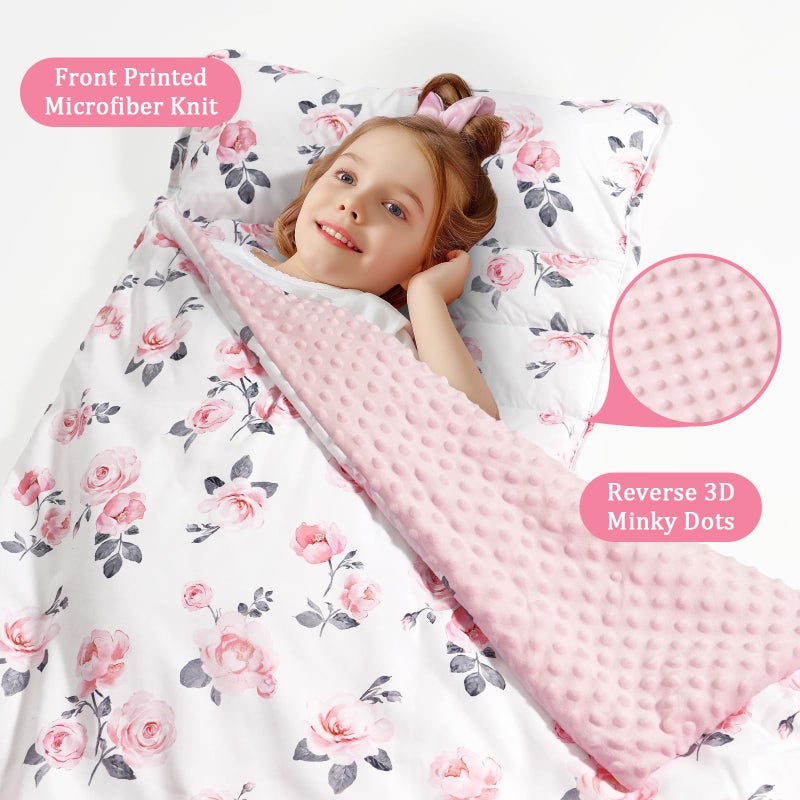 PHF Toddler Nap Mat with Removable Pillow and Minky Fleece Blanket, Rollup Design Warm Slumber Bags for Girls, 52"x20"x2" Kids Sleeping Bag for Daycare Preschool Travel Camping, Floral - Image 2