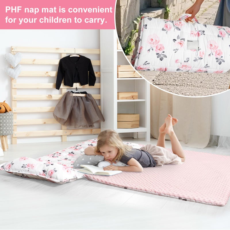 PHF Toddler Nap Mat with Removable Pillow and Minky Fleece Blanket, Rollup Design Warm Slumber Bags for Girls, 52"x20"x2" Kids Sleeping Bag for Daycare Preschool Travel Camping, Floral - Image 5