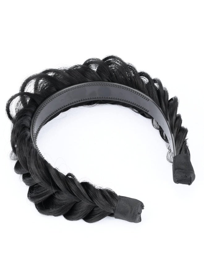 Wide Messy Braided Headband with Teeth Synthetic Hair High Elasticity Chunky Fishtail Braid Hairpiece for Women Girls Natural Black - Image 5