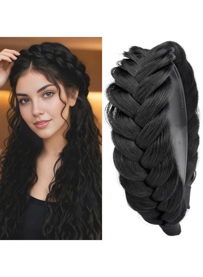Wide Messy Braided Headband with Teeth Synthetic Hair High Elasticity Chunky Fishtail Braid Hairpiece for Women Girls Natural Black - Image 1