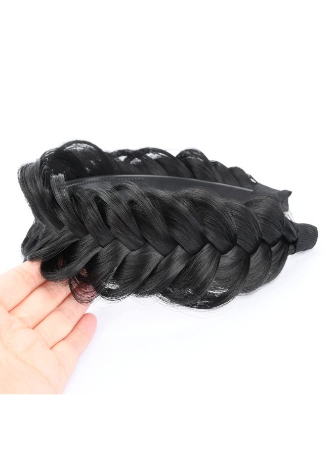 Wide Messy Braided Headband with Teeth Synthetic Hair High Elasticity Chunky Fishtail Braid Hairpiece for Women Girls Natural Black - Image 3