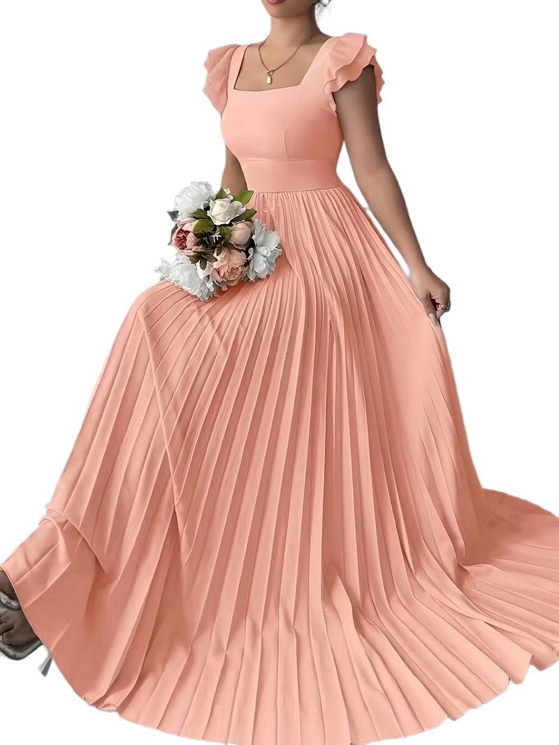 Women'S Elegant Floral Print Pleated Hem Long Dress, Summer - Image 4