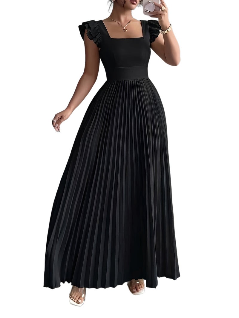 Women'S Elegant Floral Print Pleated Hem Long Dress, Summer - Image 5