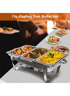 HQ-GAMING Chafing Dish Buffet Set Catering Serve Chafer Restaurant Food Warmer Stainless Steel Buffet Stove Tray with Lid & 3pcs 1/3 Size Food Pans for Hotel Buffet Chef Wedding Party Restaurant Silver 11 Liter  - Image 4