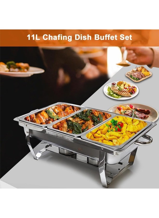 HQ-GAMING Chafing Dish Buffet Set Catering Serve Chafer Restaurant Food Warmer Stainless Steel Buffet Stove Tray with Lid & 3pcs 1/3 Size Food Pans for Hotel Buffet Chef Wedding Party Restaurant Silver 11 Liter  - Image 4