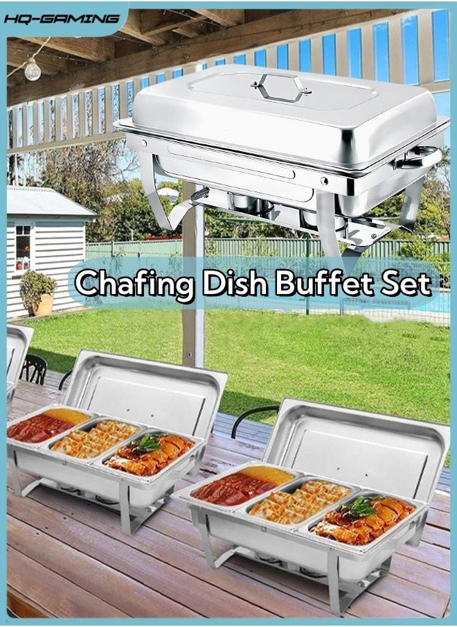 HQ-GAMING Chafing Dish Buffet Set Catering Serve Chafer Restaurant Food Warmer Stainless Steel Buffet Stove Tray with Lid & 3pcs 1/3 Size Food Pans for Hotel Buffet Chef Wedding Party Restaurant Silver 11 Liter  - Image 1