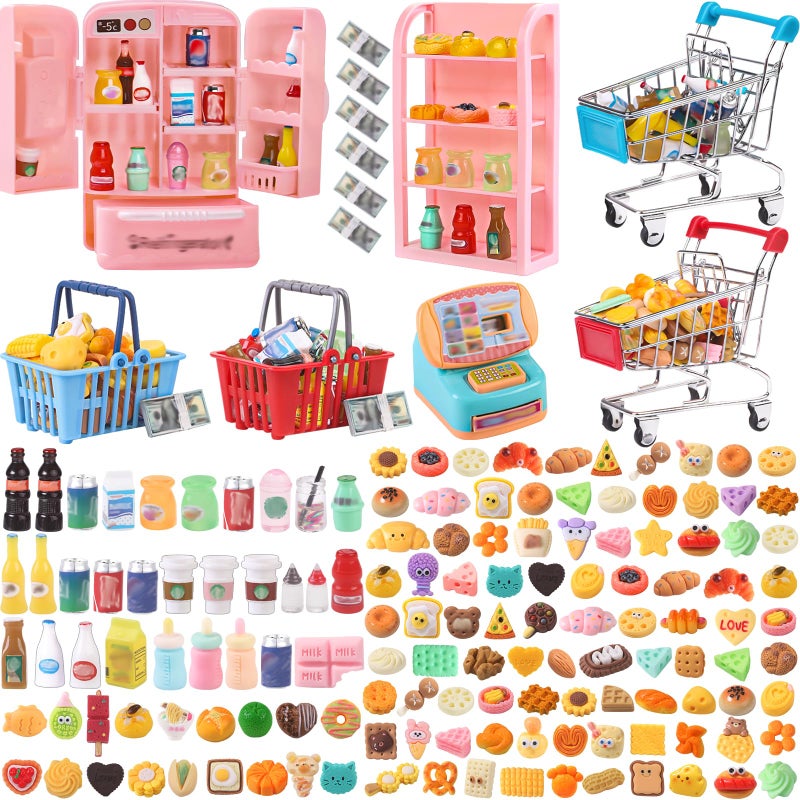 DULEFUN 143pcs Mini Shopping Cart Basket Miniature Food Drink Bottle Toys, Supermarket Shelve Metal Handcart Cash Register for Dollhouse Store AccessoryPretend Play Cosplay Game Kids Party Favor - Image 1