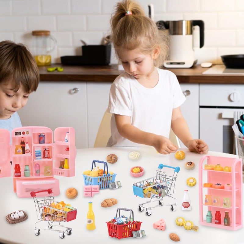 DULEFUN 143pcs Mini Shopping Cart Basket Miniature Food Drink Bottle Toys, Supermarket Shelve Metal Handcart Cash Register for Dollhouse Store AccessoryPretend Play Cosplay Game Kids Party Favor - Image 5