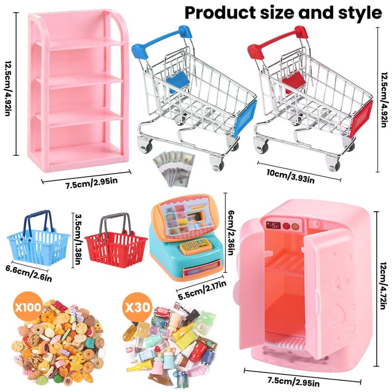 DULEFUN 143pcs Mini Shopping Cart Basket Miniature Food Drink Bottle Toys, Supermarket Shelve Metal Handcart Cash Register for Dollhouse Store AccessoryPretend Play Cosplay Game Kids Party Favor - Image 2