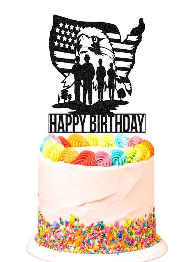 SWEETTALA Soldiers Happy Birthday Cake Topper Army American Eagle Soldier Flag Cake Decors Military Themed Birthday Party Decorations Black Glitter - Image 1