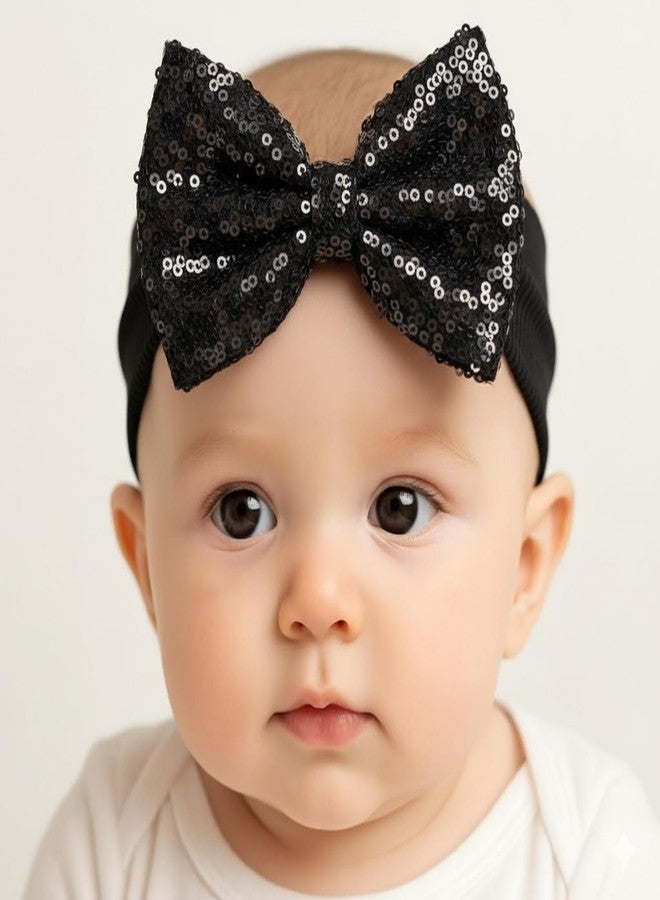 ANNACREATIONS ANNA CREATIONS 3 Pcs Baby Sequin Bow Headbands – Soft Stretchy Turban Style Hairbands for Newborns & Infants – Sparkly Black, Red, and Yellow Bows – Adorable Fashion Accessories for Baby Girls - Image 4