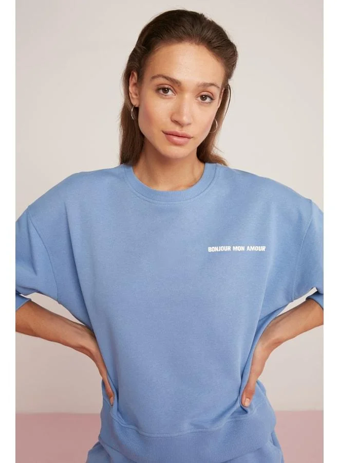 Ethiquet Sandra Women's Cotton Lined with Fleece Ultra-Soft Printed Round Neck Comfort Blue Sweatshirt.