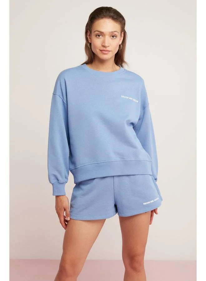 Ethiquet Sandra Women's Cotton Lined with Fleece Ultra-Soft Printed Round Neck Comfort Blue Sweatshirt.