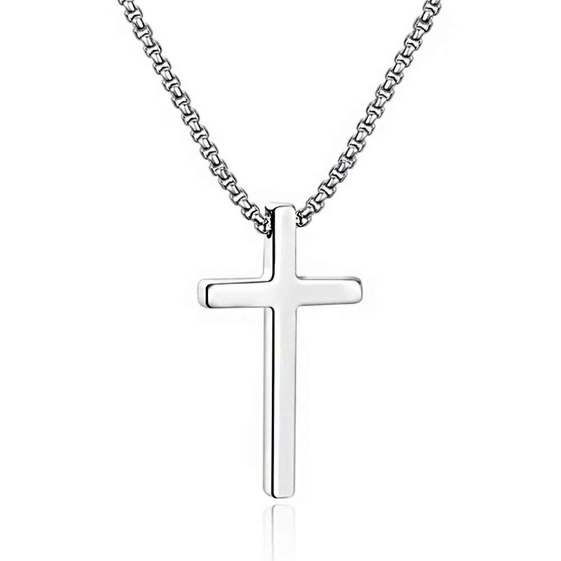 M MOOHAM Silver Cross Pendant Necklaces for Men Pendant Chain 20 Inch Silver, Fathers Day Christian Religious Baptism Gifts Jewelry for Teenage - Image 1