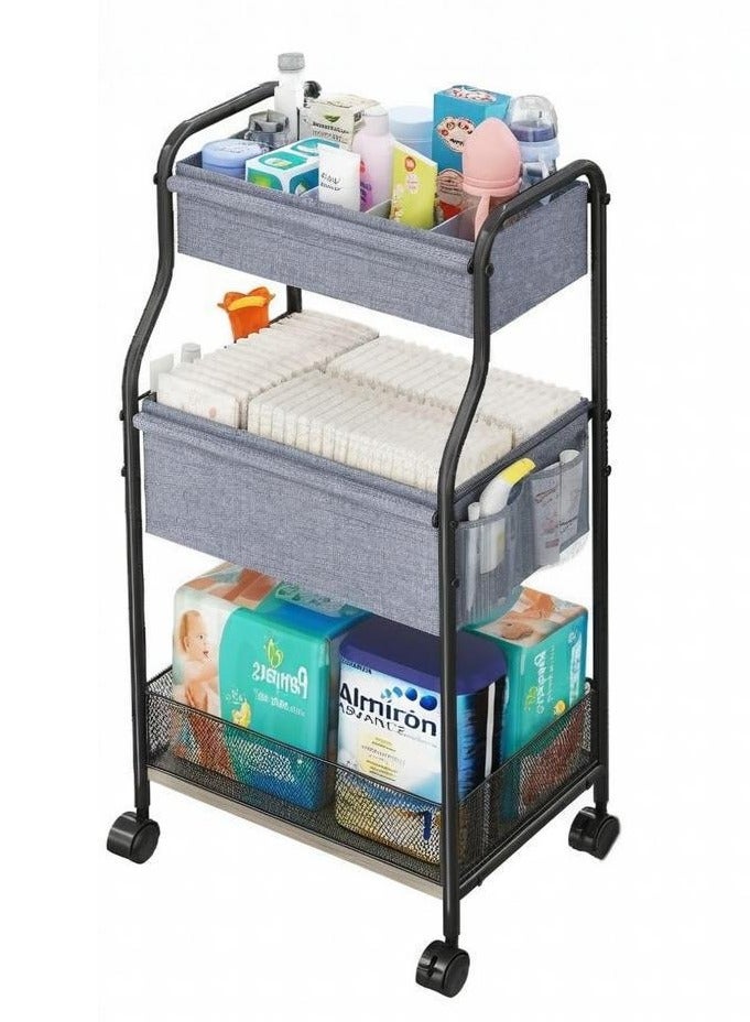 والالا منظم حفاضات الأطفال وعربة تخزين بثلاث طبقات مع 4 + 2 فاصل، عربة معدنية متنقلة متعددة الاستخدامات بعجلات دوارة لمستلزمات الحضانة، عربات دوارة كبيرة السعة لسرير الأطفال وغرفة النوم والحمام - Image 1