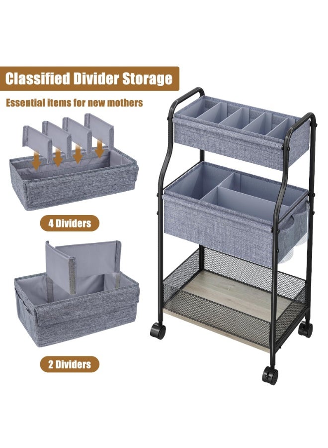والالا منظم حفاضات الأطفال وعربة تخزين بثلاث طبقات مع 4 + 2 فاصل، عربة معدنية متنقلة متعددة الاستخدامات بعجلات دوارة لمستلزمات الحضانة، عربات دوارة كبيرة السعة لسرير الأطفال وغرفة النوم والحمام - Image 3