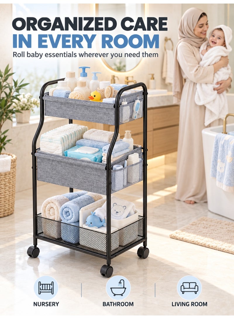 WALALLA 3-Tier Baby Diaper Organizer Cart, Rolling Nursery Storage with 6 Detachable Dividers, Mesh Side Pockets and Lockable Wheels for Diapers, Wipes, Bottles and Toys, Grey - Image 3