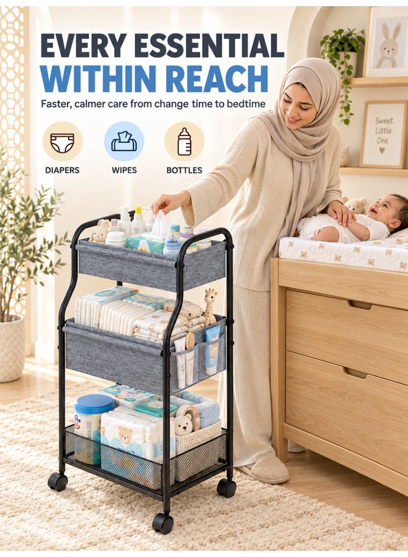 WALALLA 3-Tier Baby Diaper Organizer Cart, Rolling Nursery Storage with 6 Detachable Dividers, Mesh Side Pockets and Lockable Wheels for Diapers, Wipes, Bottles and Toys, Grey - Image 2