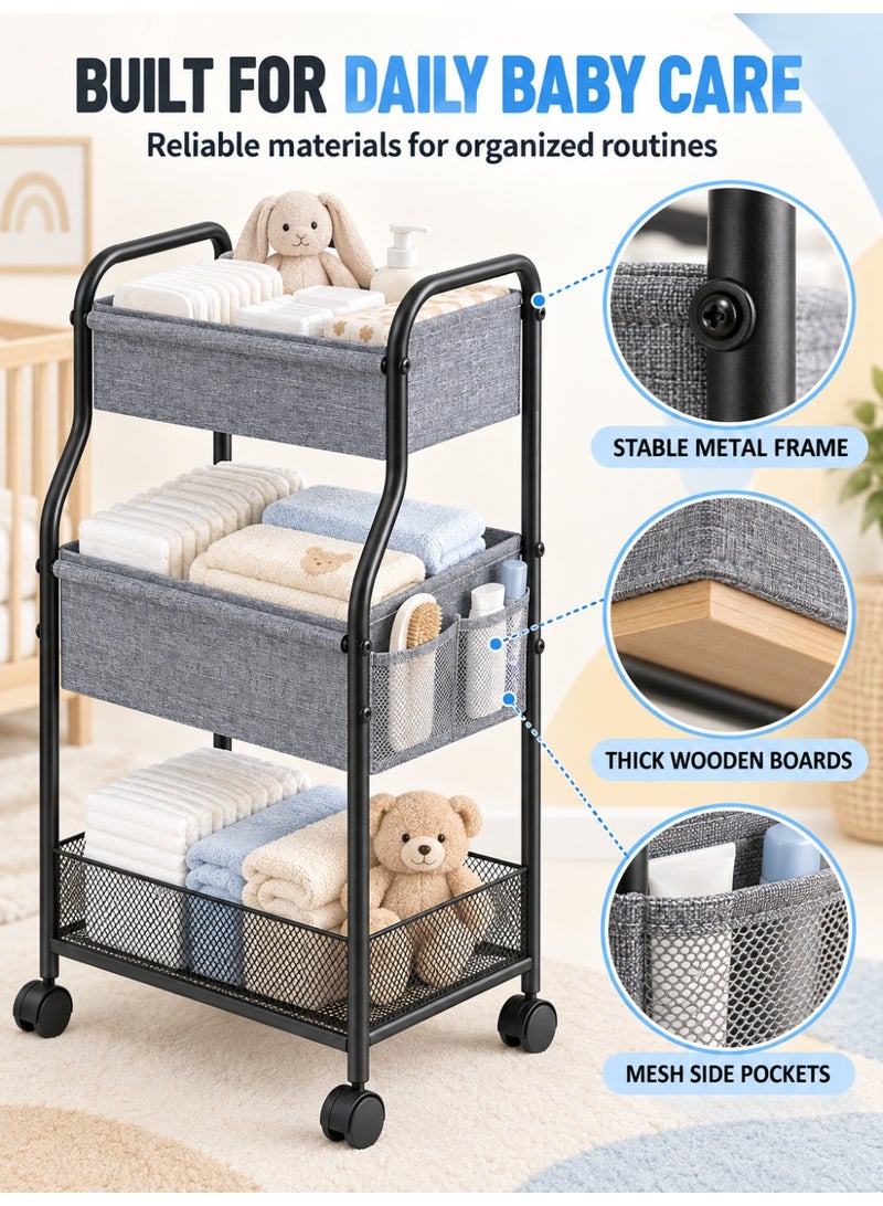 WALALLA 3-Tier Baby Diaper Organizer Cart, Rolling Nursery Storage with 6 Detachable Dividers, Mesh Side Pockets and Lockable Wheels for Diapers, Wipes, Bottles and Toys, Grey - Image 4