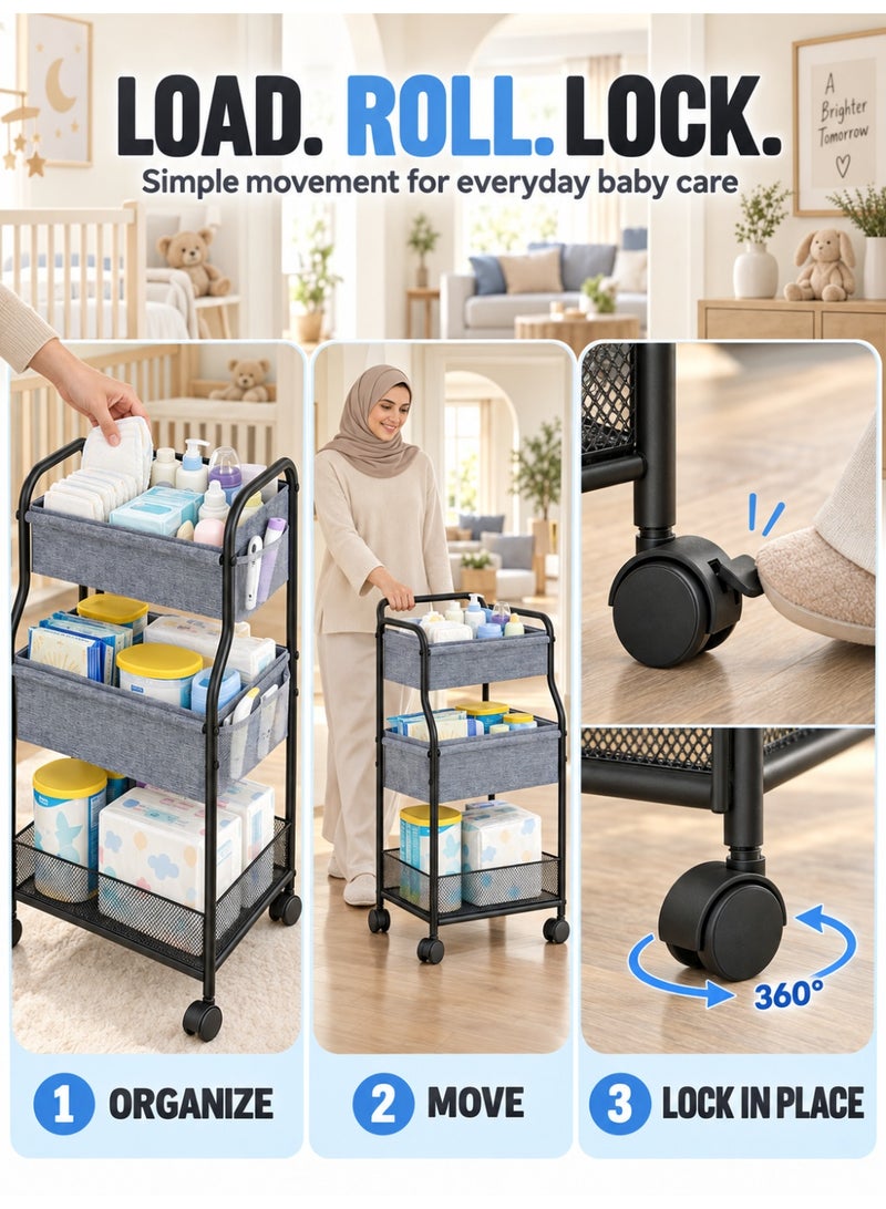 WALALLA 3-Tier Baby Diaper Organizer Cart, Rolling Nursery Storage with 6 Detachable Dividers, Mesh Side Pockets and Lockable Wheels for Diapers, Wipes, Bottles and Toys, Grey - Image 5
