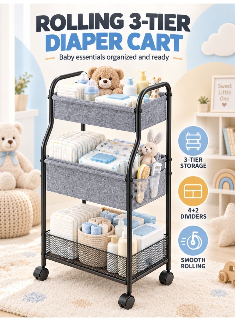 WALALLA 3-Tier Baby Diaper Organizer Cart, Rolling Nursery Storage with 6 Detachable Dividers, Mesh Side Pockets and Lockable Wheels for Diapers, Wipes, Bottles and Toys, Grey - Image 1