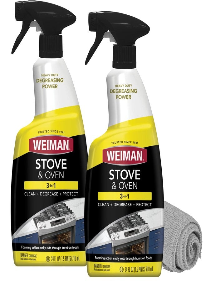 Weiman Heavy Duty Stove and Oven Cleaner and Degreaser for Glass, Ceramic Cooktops, BBQ grill grates - 2 Pack, 24 Oz w/MicroFiber Towel - Image 1