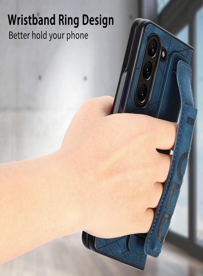 أوميو جراب جلدي من Omio لهاتف Galaxy Z Fold 6 مع حامل قلم S Pen وحزام، غطاء خلفي جلدي مع حزام للمعصم، جراب صلب مقاوم للصدمات من البولي كربونات مع مسكة مريحة للأصابع، مناسب للرجال والنساء والفتيات، أزرق - Image 4