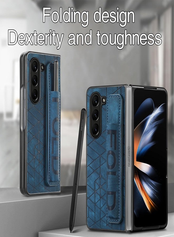 أوميو جراب جلدي من Omio لهاتف Galaxy Z Fold 6 مع حامل قلم S Pen وحزام، غطاء خلفي جلدي مع حزام للمعصم، جراب صلب مقاوم للصدمات من البولي كربونات مع مسكة مريحة للأصابع، مناسب للرجال والنساء والفتيات، أزرق - Image 2