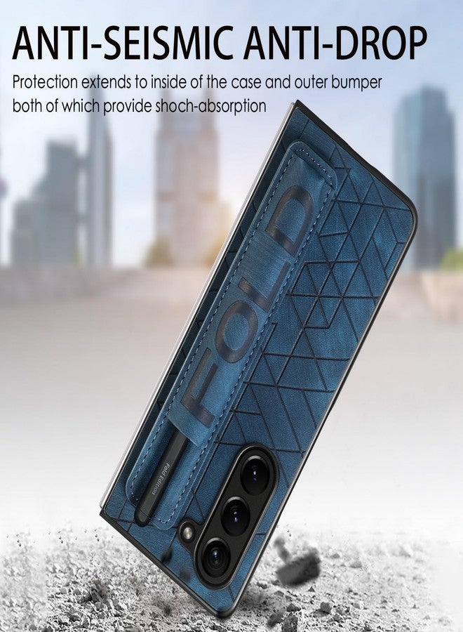 أوميو جراب جلدي من Omio لهاتف Galaxy Z Fold 6 مع حامل قلم S Pen وحزام، غطاء خلفي جلدي مع حزام للمعصم، جراب صلب مقاوم للصدمات من البولي كربونات مع مسكة مريحة للأصابع، مناسب للرجال والنساء والفتيات، أزرق - Image 3