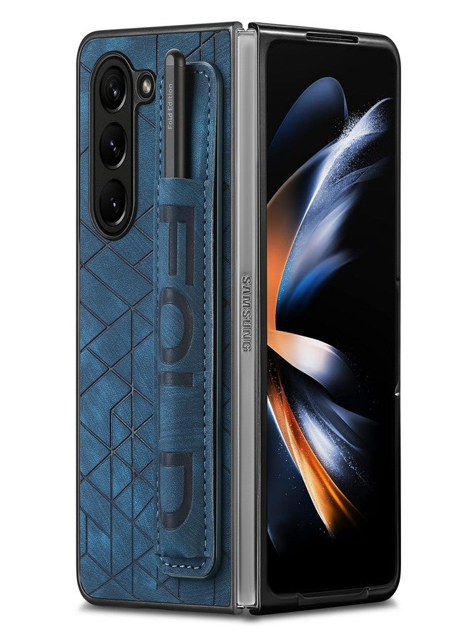أوميو جراب جلدي من Omio لهاتف Galaxy Z Fold 6 مع حامل قلم S Pen وحزام، غطاء خلفي جلدي مع حزام للمعصم، جراب صلب مقاوم للصدمات من البولي كربونات مع مسكة مريحة للأصابع، مناسب للرجال والنساء والفتيات، أزرق - Image 1