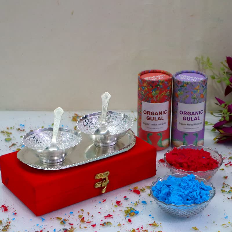 Piepot l Holi Gulal with German Silver Plated Bowl l Set of 5pc l Holi Colour l Gulal Color l Engraved Flower Shape 100 GMS X 2 Gulal Box Asstd Color - Image 4